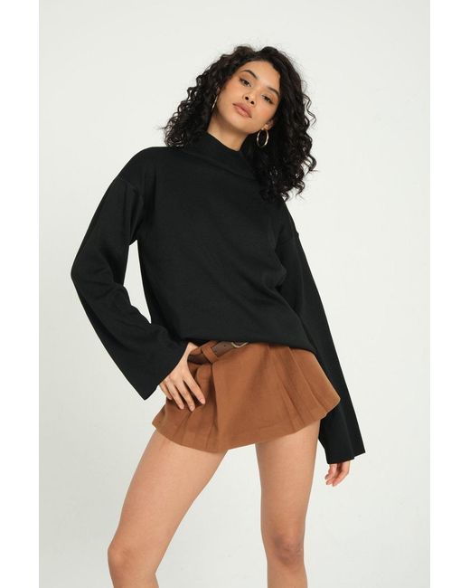 Hiccup Black High Neck Flare Sleeve Sweater