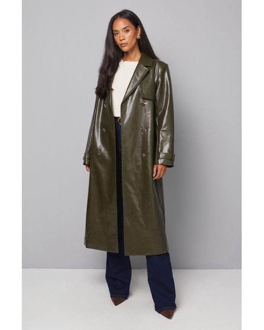 Wallis Green Pu Longline Trench Coat