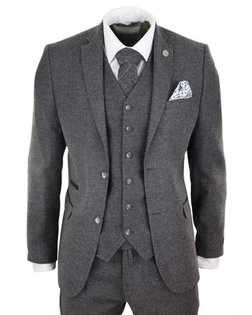 TruClothing Black 3 Piece Wool Tweed Vintage Retro Suit Velvet for men