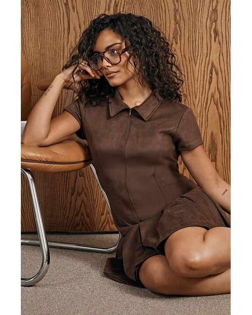 Boohoo Brown Faux Suede Pleated Hem Mini Dress