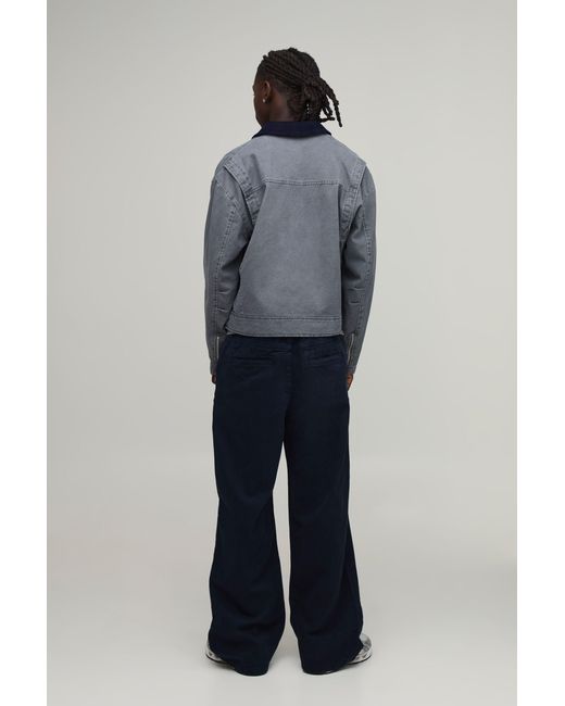 BoohooMAN Blue Wide Fit Half & Waistband Washed Twill Trouser for men