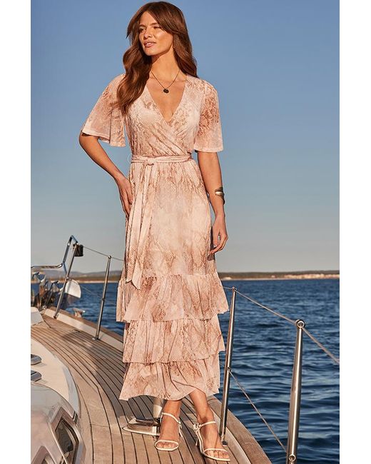 Sosandar Blue Snake Print Tiered Hem Wrap Jersey Midi Dress
