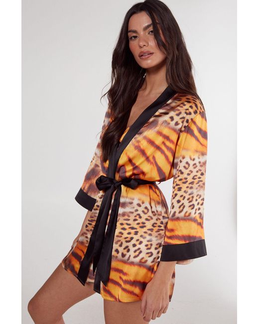 Nasty Gal Orange Mixed Tiger & Leopard Print Robe