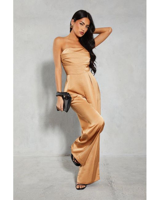 MissPap Gray Satin Bandeau Ruched Bust Straight Leg Jumpsuit