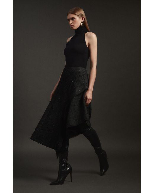 Karen Millen Black Metallic Boucle Tailored Ruffle Asymmetric Midaxi Skirt