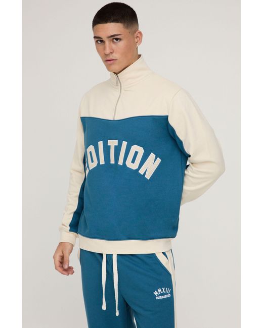 BoohooMAN Blue Regular Fit Applique Quarter Zip Loopback Colour Block Funnel Neck for men