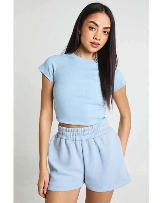 Boohoo Blue Basic Rib Short Sleeve Fitted Top