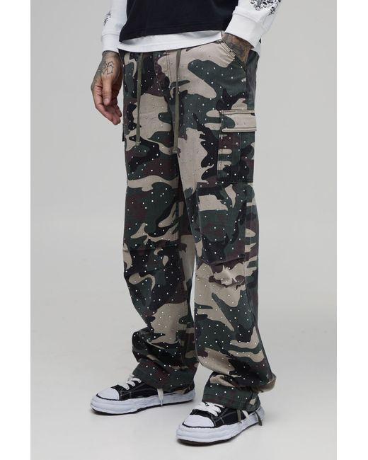 BoohooMAN Black Tall Relaxed Rhinestone Camo Cargo Trousers for men