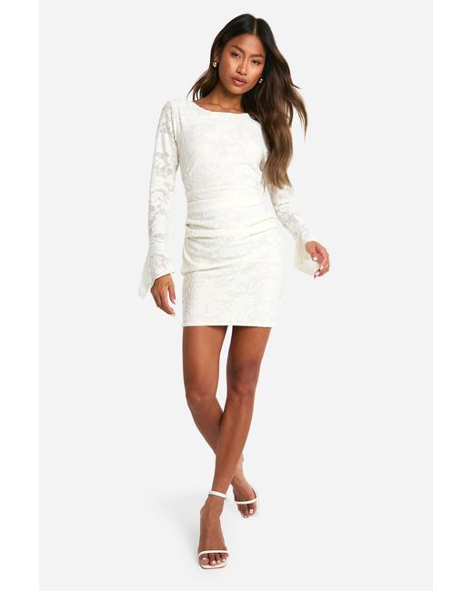 Boohoo White Jacquard Floral Flare Sleeve Mini Dress