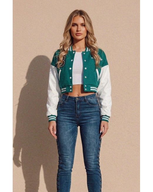 Femme Luxe Blue Varsity Slogan Contrast Sleeve Bomber