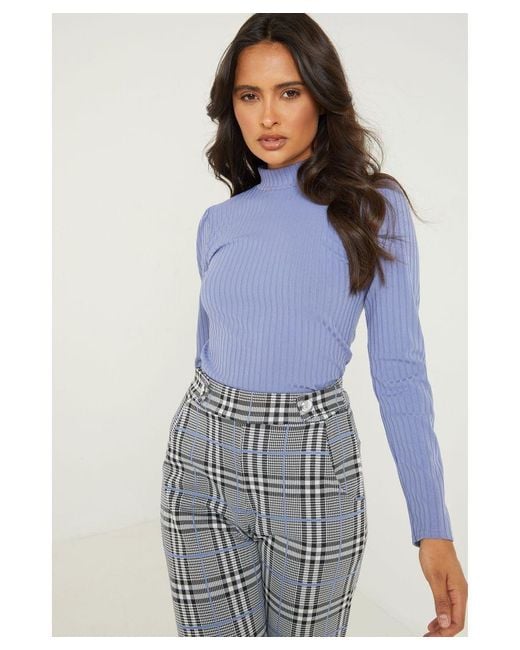 Quiz Blue Ribbed High Neck Top
