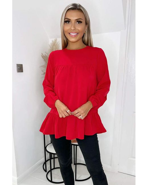 AX Paris Red Long Sleeve Round Neck Smock Top Lace