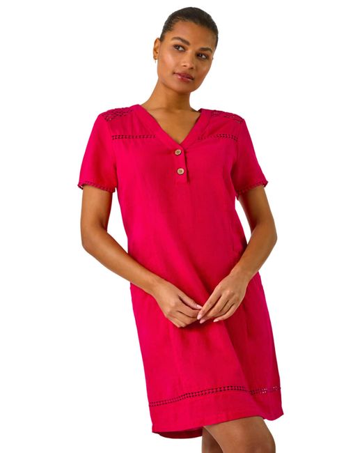 Roman Red Linen Mix Button Shift Dress