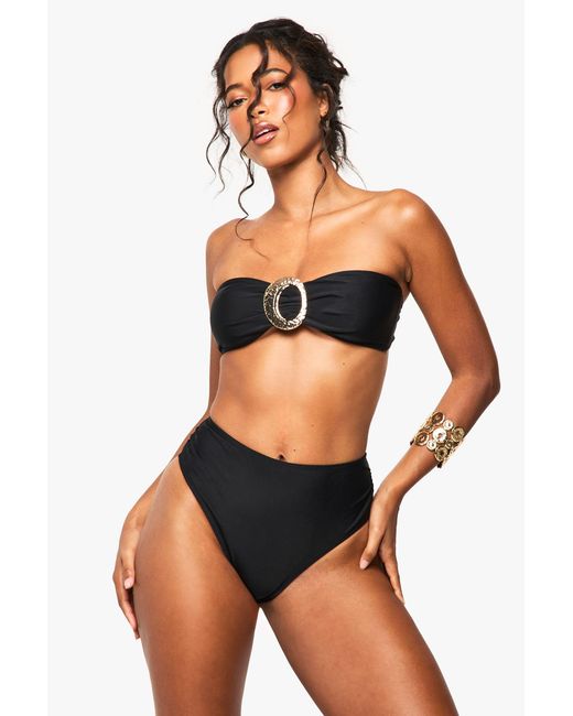 Boohoo Blue Trim Detail Bandeau Bikini Top & High Waist Bottoms Set