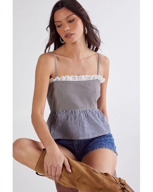 Nasty Gal Purple Gingham Mix Broderie Ruffle Cami Top