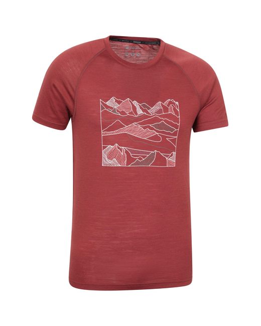 Mountain Warehouse Red 'Quest' Merino Printed Graphic T-Shirt Casual Short Sleeve Crew Tee Top for men