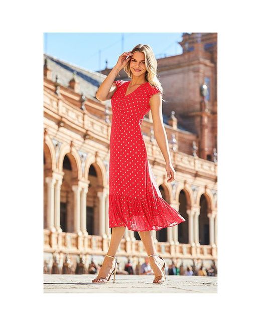 Sosandar Red Metallic Spot Print Ruffle Detail Midi Dress