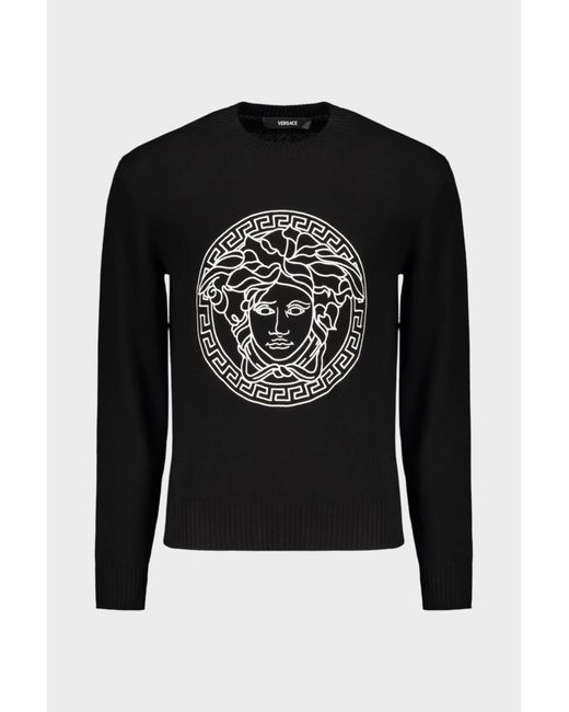 Versace Black Medusa Embroidery Wool Crew Neck Sweater for men