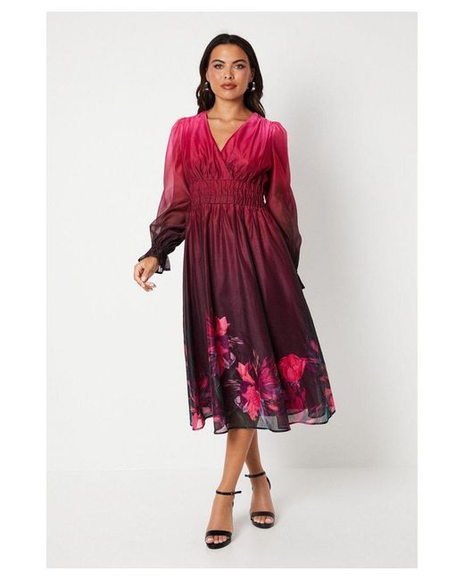 Coast Red Placement Print Blouson Sleeve Organza Midi Dress