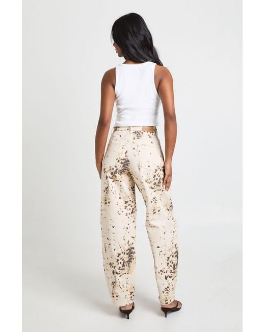 Boohoo Natural Mid Waist Snow Leopard Printed Barrel Jean
