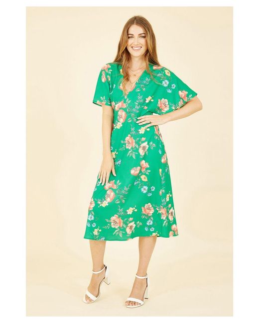 Yumi' Green Floral Kimono Midi Dress