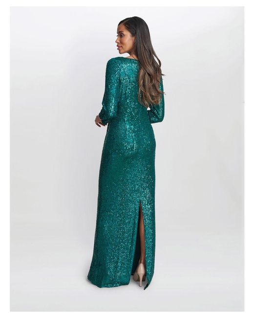 Gina Bacconi Green Jacynda Sequin 3/4 Sleeve Wrap Dress With Twist