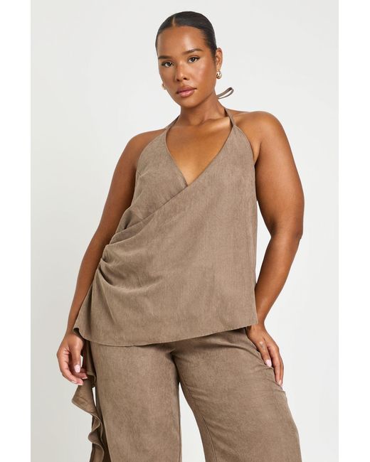 Boohoo Natural Plus Peached Halter Neck Tie Ruffle Side Detail Top