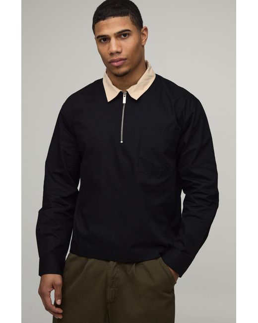 BoohooMAN Blue Oversized Boxy Quarter Zip Contrast Collar Poplin Shirt for men