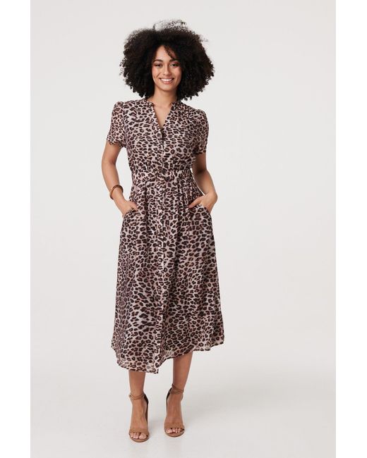 Izabel London Natural Animal Print Belted Midi Shirt Dress