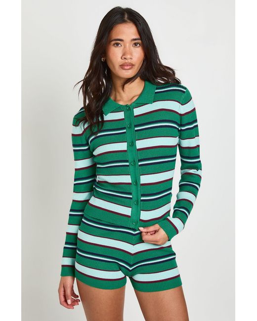 Boohoo Green Rib Knit Stripe Cardigan And Mini Short Co-Ord