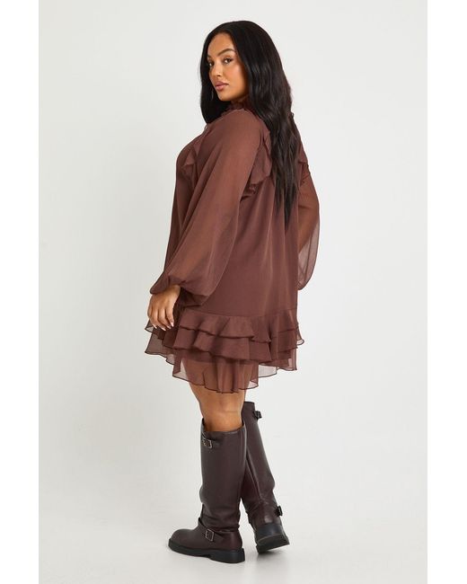 Boohoo Brown Plus Chiffon Ruffle Smock Dress