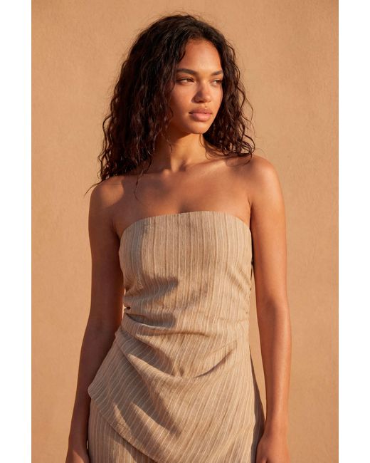 Boohoo Brown Bandeau Linen Look Stripe Asymmetric Hem Top