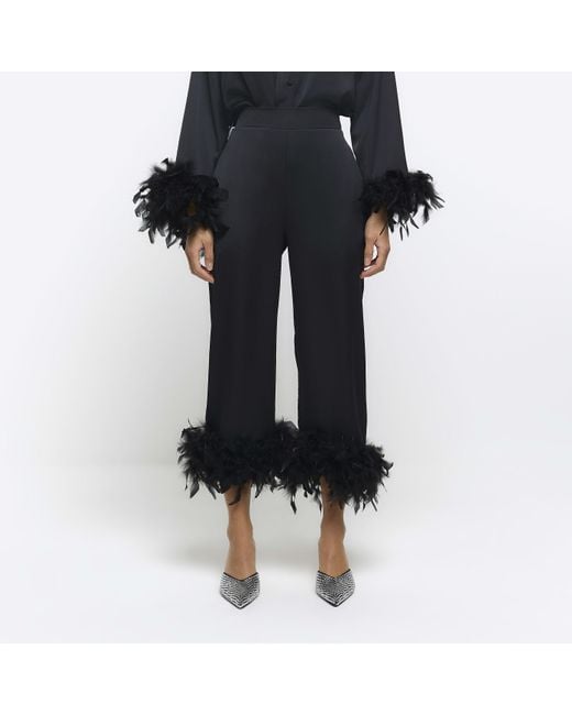 River Island Black Crop Trousers Satin Feather Trim