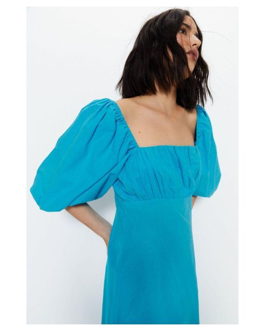 Warehouse Blue Cotton Puff Sleeve Ruched Bodice Midi Dress