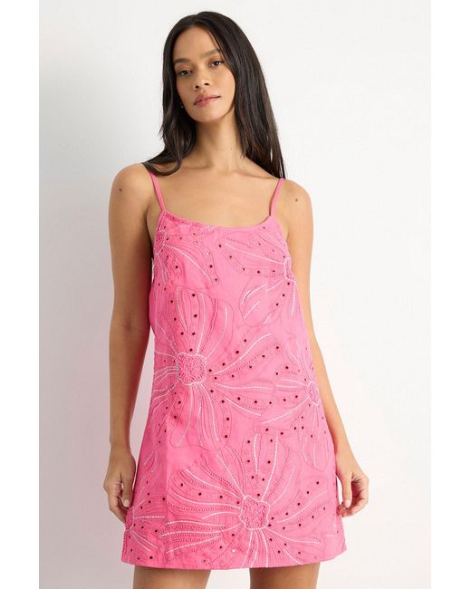 Warehouse Pink Beaded Embroidered Slip Mini Dress