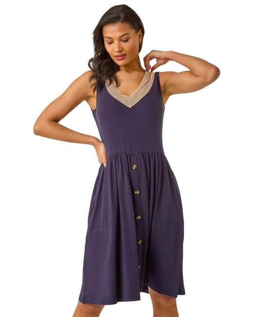 Roman Blue Contrast V-Neck Stretch Midi Dress
