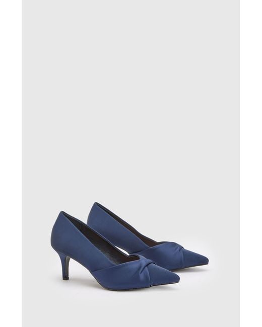 Wallis Blue Wide Fit Delina Satin Twist Front Kitten Heel Comfort Sock Court Shoes