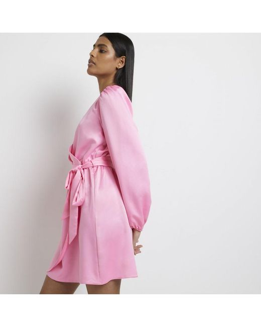 River Island Pink Wrap Mini Dress Long Sleeve Satin