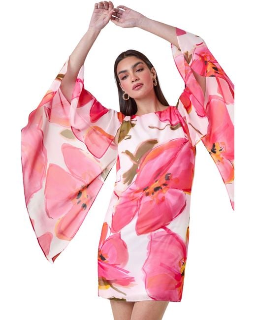 Ariella Pink Floral Print Chiffon Cape Shift Dress