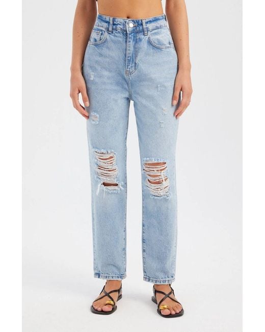 Hiccup Blue High Waist Ripped Mom-Fit Denim Jeans