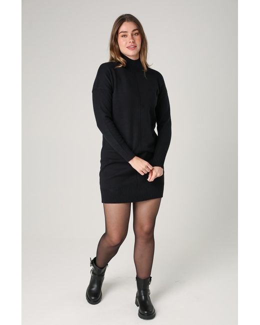 French Connection Black Cosy Soft Touch High Neck Seam Jumper Mini Dress