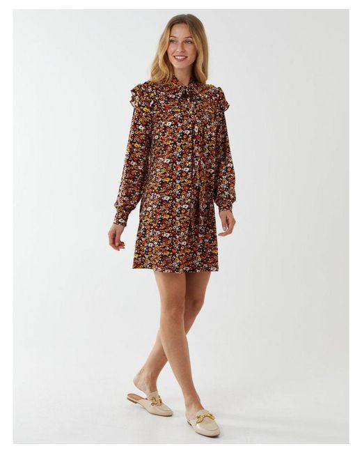 Blue Vanilla Brown Tie Front Frill Shoulder Dress