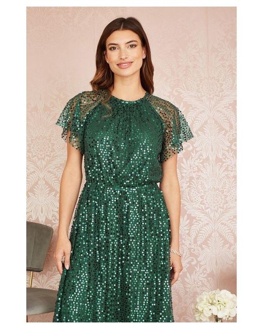 Yumi' Green Sequin Angel Sleeve Midi Dress