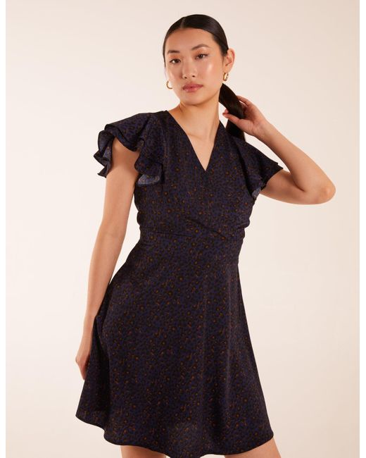 Blue Vanilla Black Leopard Print Wrap Ruffle Mini Dress