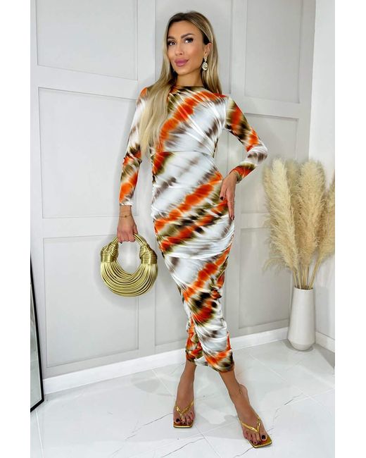 AX Paris White And Abstract Print Mesh Long Sleeve Bodycon Midi Dress