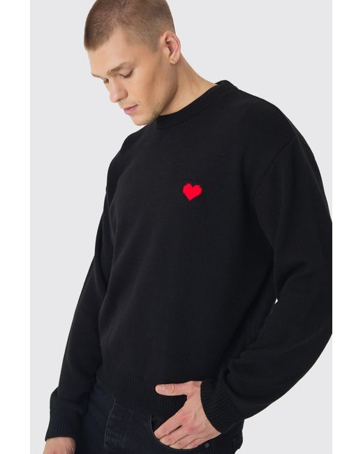BoohooMAN Blue Boxy Heart Knit Sweater for men