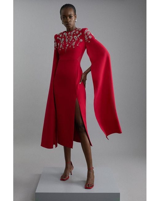 Karen Millen Red Compact Stretch Viscose Crystal Embellished Cape Maxi Dress