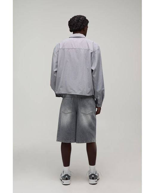 BoohooMAN Gray Oversized Crop Micro Check Long Sleeve Shirt for men
