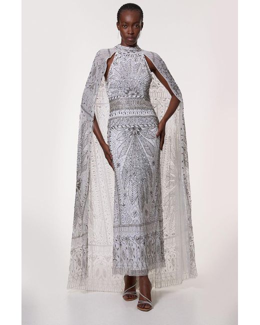 Karen Millen Gray Premium Embellished High Neck Woven Maxi Dress With Cape