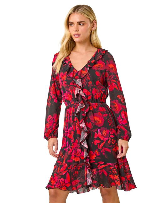 Roman Red Petite Floral Frill Detail Dress
